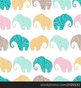 Vector seamless pattern with elephants on white background. Vector pattern with elephants