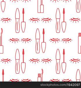 Vector seamless pattern with eyelashes, mascara. Decorative cosmetics, makeup background. Glamour fashion vogue style. Design for banner, poster or print.