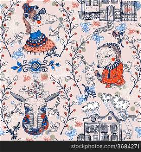 vector seamless pattern with fantasy animals and vintage houses