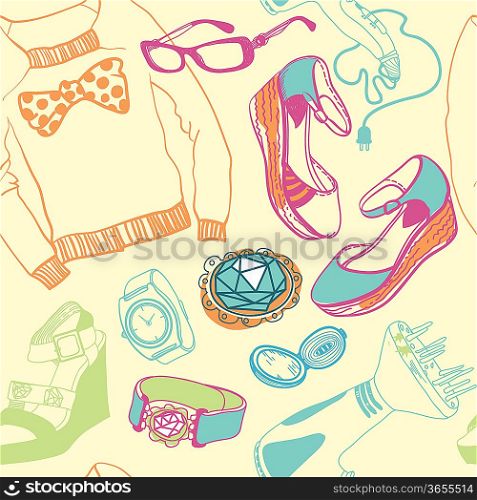 vector seamless pattern with fashion cloth, shoes and accessories