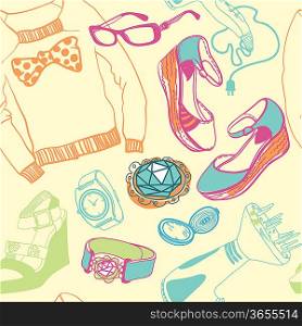 vector seamless pattern with fashion cloth, shoes and accessories