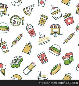 Vector seamless pattern with fast food line icons. Seamless pattern with fast food line icons. Burger and pizza, sandwich with coffee, vector illustration