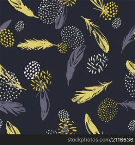 Vector seamless pattern with feathers on dark background.. Vector seamless pattern with feathers