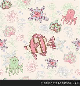 Vector seamless pattern with fish and octopus