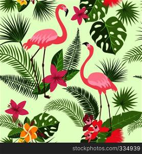 Vector seamless pattern with flamingo, tropical flowers and palm tree. Summer hawaiian background. Tropical summer hawaiian pattern with flamingo and palm illustration. Vector seamless pattern with flamingo, tropical flowers and palm tree. Summer hawaiian background