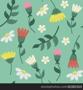 Vector Seamless Pattern with Flat Cute Minimalistic flowers. Spring Floral Background with Blossom Field Flowers for Fabric, Wallpaper, Posters, Banners.. Vector Seamless Pattern with Flat Cute Minimalistic flowers on green background. Spring Floral Print with Blossom Field Flowers.