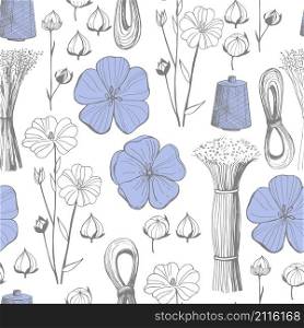 Vector seamless pattern with flax plant flowers. Flax yarn. Hand-drawn sketch illustration. Vector seamless pattern with flax plant flowers.