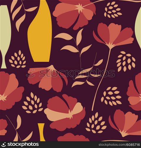 Vector seamless pattern with floral elements, spring flowers, poppies and vases, vector illustration
