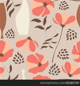 Vector seamless pattern with floral elements, spring flowers, poppies and vases, vector illustration