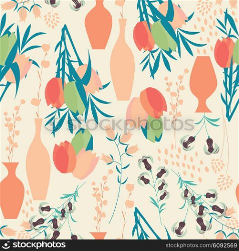 Vector seamless pattern with floral elements, spring flowers, tulips, lilies and vases, vector illustration