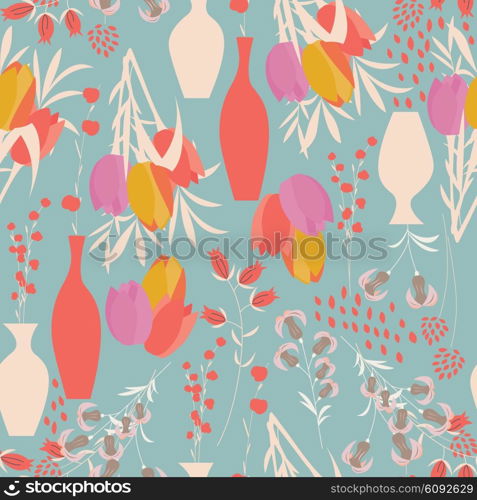 Vector seamless pattern with floral elements, spring flowers, tulips, lilies and vases, vector illustration