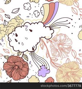 vector seamless pattern with flowers and clouds