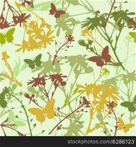 Vector seamless pattern with flowers and green leaves