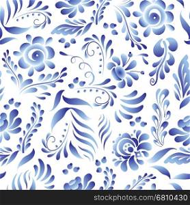 Vector seamless pattern with flowers and leaves in Gzhel Russian style. Folk background for textile, print, clothing, wallpaper, and other design.
