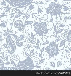 vector seamless pattern with flowers and mermaids