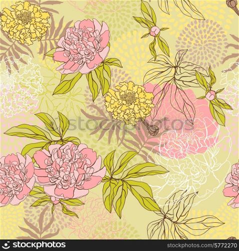Vector seamless pattern with flowers. Hand drawn illustration.. Vector seamless pattern with flowers.