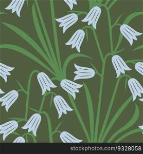 Vector seamless pattern with flowers of bell on a green background.