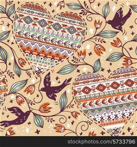 vector seamless pattern with flying birds and ornamental hearts