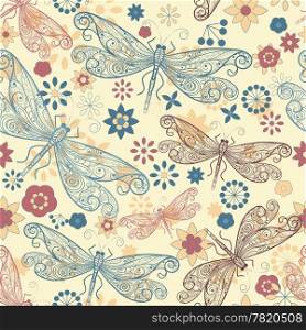 vector seamless pattern with flying dragonflies and flowers