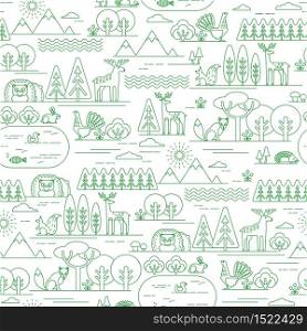 Vector seamless pattern with forest flora and fauna. Trendy graphic style.. Vector seamless pattern with forest flora and fauna.