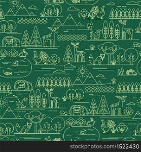 Vector seamless pattern with forest flora and fauna. Trendy graphic style.. Vector seamless pattern with forest flora and fauna.