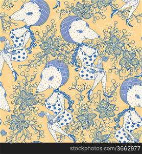 vector seamless pattern with foxes and flowers