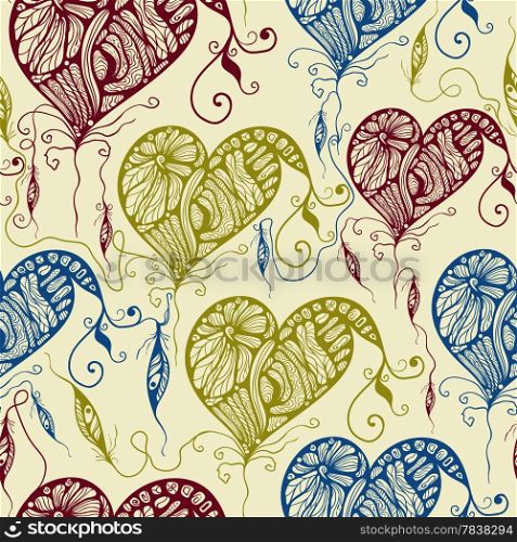 Vector Seamless Pattern with Funky Bright Hearts and Feathers, Seamless pattern in swatch menu