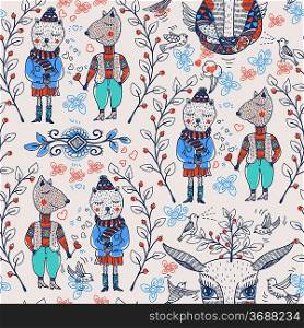 vector seamless pattern with funny animals and berries