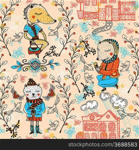 vector seamless pattern with funny animals and old fashioned houses