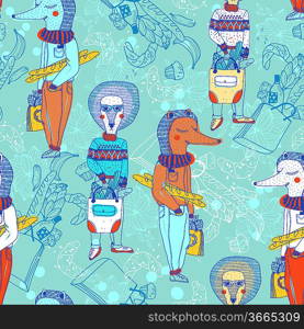 vector seamless pattern with funny animals and shopping bags