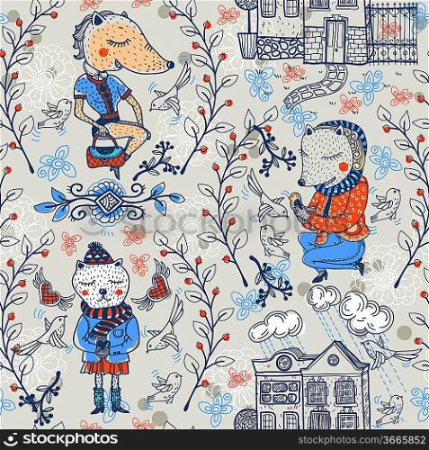 vector seamless pattern with funny animals and vintage houses