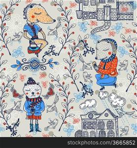 vector seamless pattern with funny animals and vintage houses