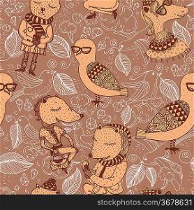 vector seamless pattern with funny animals on a floral background