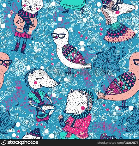 vector seamless pattern with funny animals on a floral background