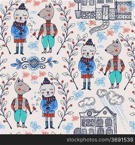 vector seamless pattern with funny animals ,plants and houses