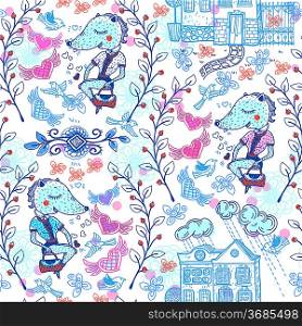 vector seamless pattern with funny blue foxes and vintage houses