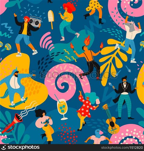 Vector seamless pattern with funny dancing men and women in bright modern costumes. Design element for carnival concept and other use.. Vector seamless pattern with funny dancing men and women in bright modern costumes.