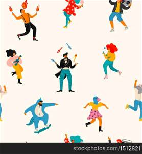 Vector seamless pattern with funny dancing men and women in bright modern costumes. Design element for carnival concept and other use.. Vector seamless pattern with funny dancing men and women in bright modern costumes.