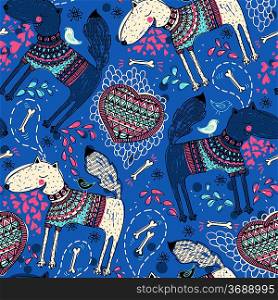 vector seamless pattern with funny dogs on a blue background