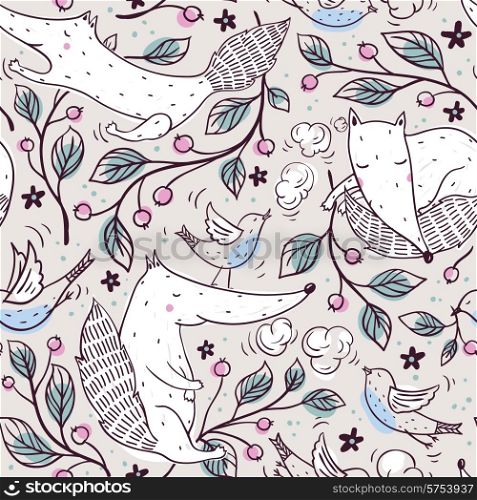 vector seamless pattern with funny foxes, birds and cherry branches