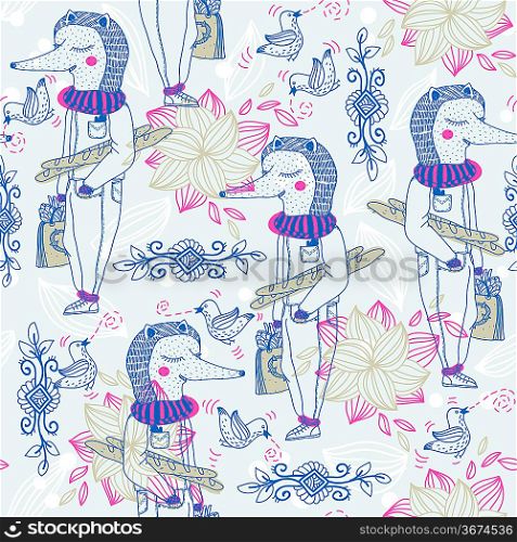 vector seamless pattern with funny hedgehogs