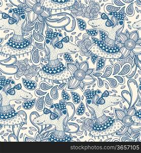 vector seamless pattern with funny horses and abstract doodles