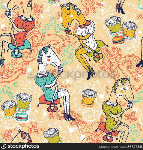 vector seamless pattern with funny horses and sweets