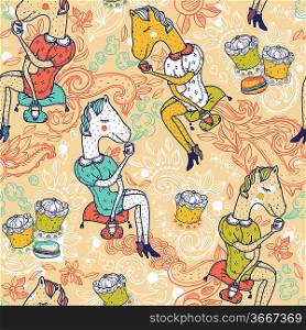 vector seamless pattern with funny horses and sweets
