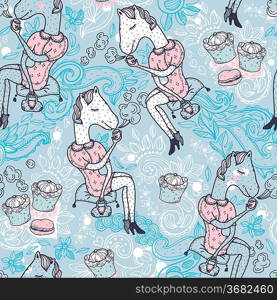 vector seamless pattern with funny horses drinking hot tea