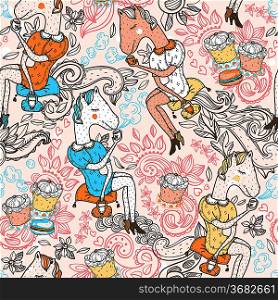 vector seamless pattern with funny horses, drinking tea with yummy cupcakes