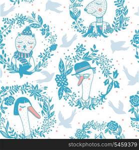 vector seamless pattern with funny portraits of cute animals