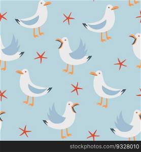 Vector seamless pattern with funny seagulls and starfishes.