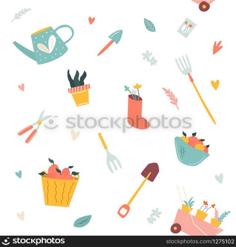 Vector seamless pattern with garden tools. Suitable for brochures, wrapping paper, cards. Vector seamless pattern with garden tools