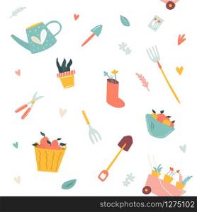 Vector seamless pattern with garden tools. Suitable for brochures, wrapping paper, cards. Vector seamless pattern with garden tools
